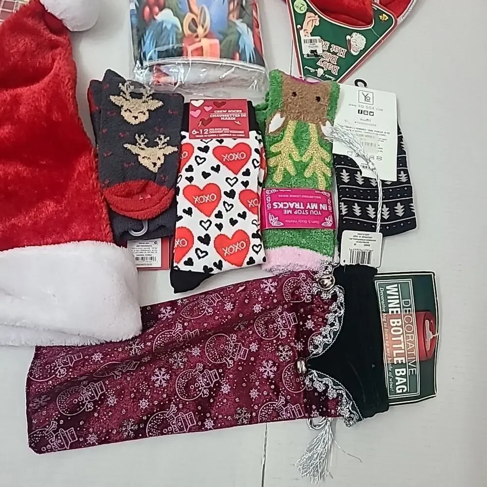 Christmas Holiday Decor Accessories Lot Santa Hats Socks Tablecloth Wine Bag